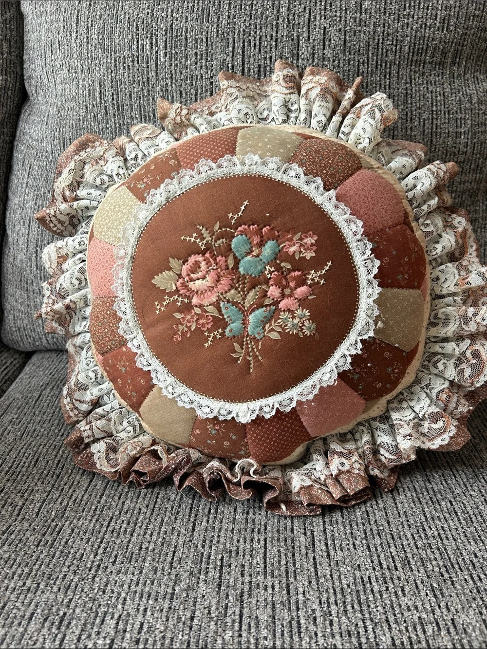 Decor Round Floral Quilted/lace Pillow - Rust/Pink/Cream - Butterfly/flowers